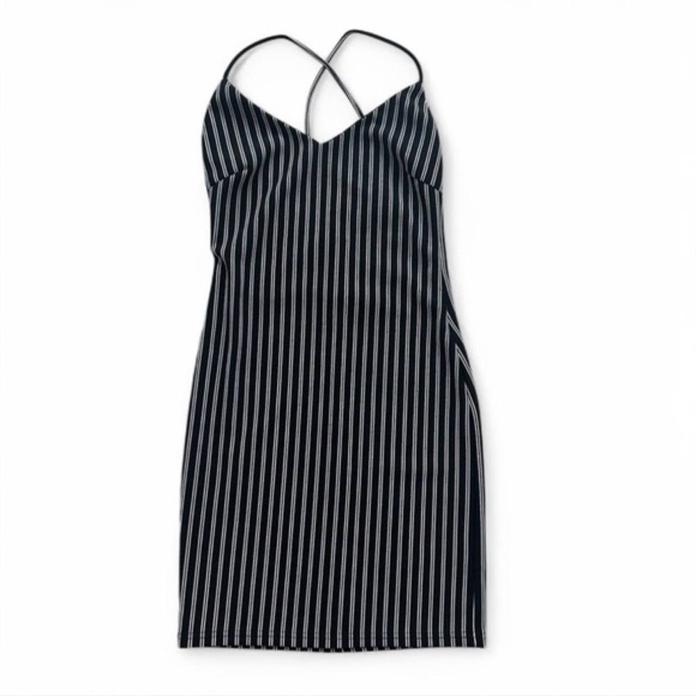 Black and white striped mini dress with criss-cross‎ back and spaghetti straps